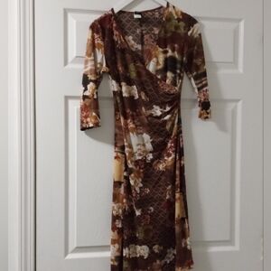 French Kiss Faux Wrap Foliage Print Bodycon Midi Dress- Size: M